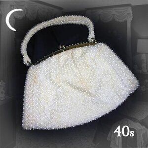 Vintage White Beaded Handbag With Clear Beads, Top Handle Purse VFG